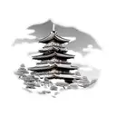 samurai on moutain standing infront of a temple tattoo design idea