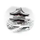 samurai on moutain standing infront of a temple tattoo design idea