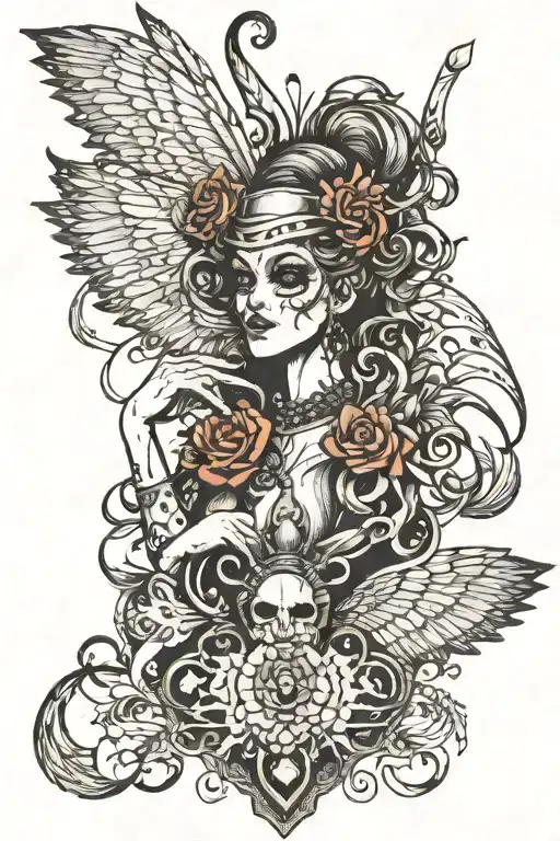 Combine Elden Ring creatures with elements of cabaret and showgirl aesthetics tattoo design idea
