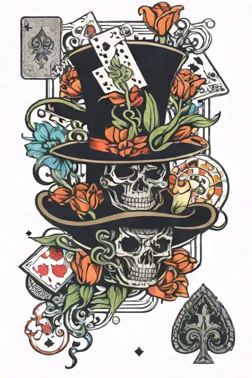 magician hat surrounded by playing cards with tulips and a jellyfish incorporated  tattoo design idea