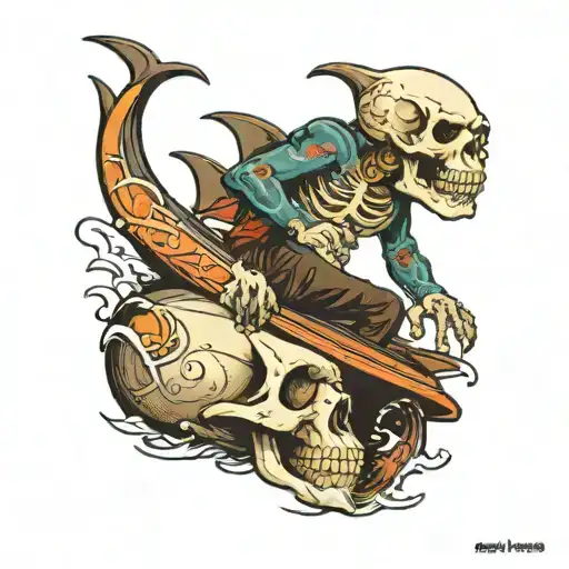 skull riding a barrel surfing with some sharks around tattoo design idea