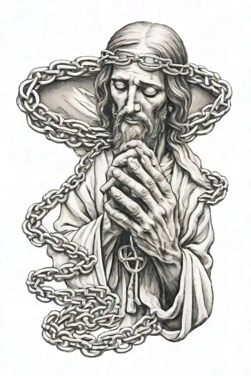 Jesus Christ praying hands holding rosary wrapped tattoo design idea
