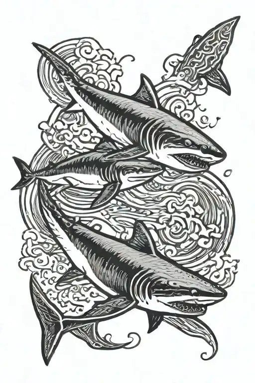 two sharks, one black and the other white, like yin and yang, swimming against the current  tattoo design idea