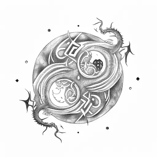 Yggdrasil on top a dragon and above that a circle with wolfes in a yin yang shape and some runic symbols around  tattoo design idea