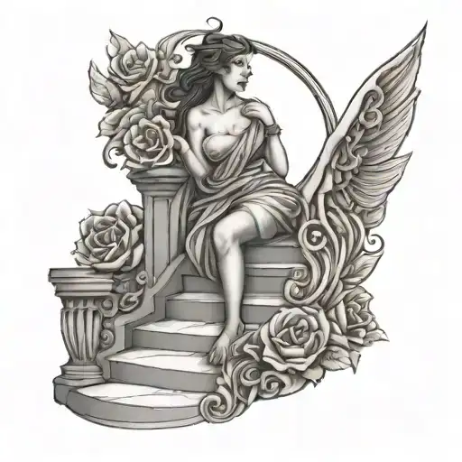 a woman climbing stair way to The Lord with flowers and roses and angles wavey design tattoo design idea