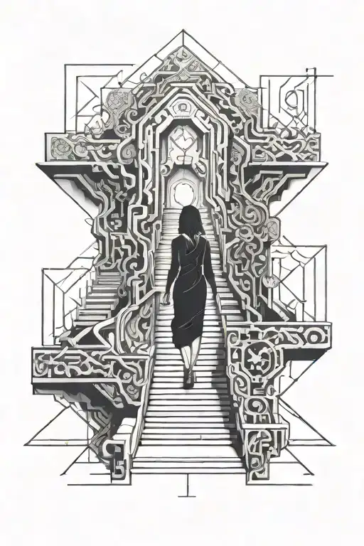 woman walking stairway leading to afterlife / energy / tattoo design idea