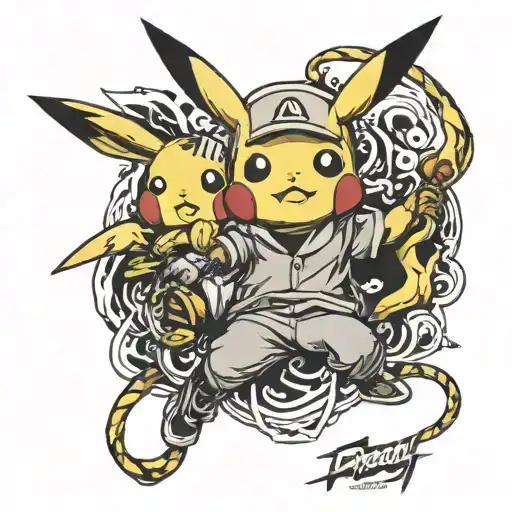 ash and pikachu pokemon Master World Champion tattoo design idea