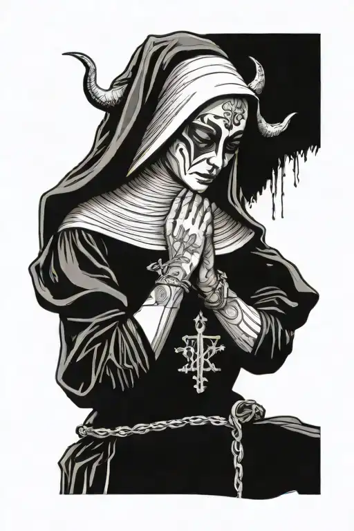nun with horns and blindfold prays tattoo design idea