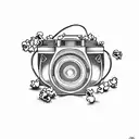 A silhouette of a classic film camera surrounded by film reels and popcorn tattoo design idea