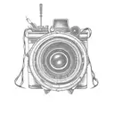 A silhouette of a classic film camera surrounded by film reels and popcorn tattoo design idea