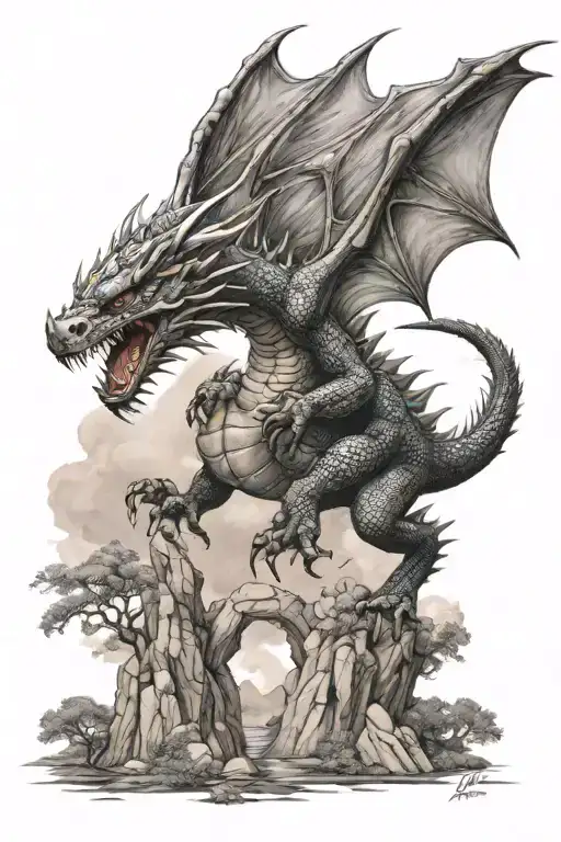 american dragon flying with landscape tattoo design idea