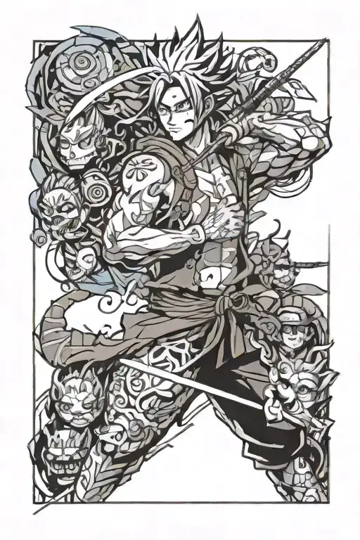 sleeve that has characters from naruto, dragon ball z, sword art online, one piece, demon slayer, hunterxhunter tattoo design idea