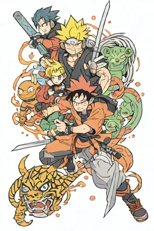 sleeve that has characters from naruto, once upon a slime, sword art online, one piece and demon slayer tattoo design idea