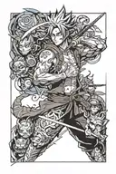 sleeve that has characters from naruto, dragon ball z, sword art online, one piece, demon slayer, hunterxhunter tattoo design idea