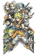 sleeve that has characters from naruto, dragon ball z, sword art online, one piece, demon slayer, hunterxhunter tattoo design idea