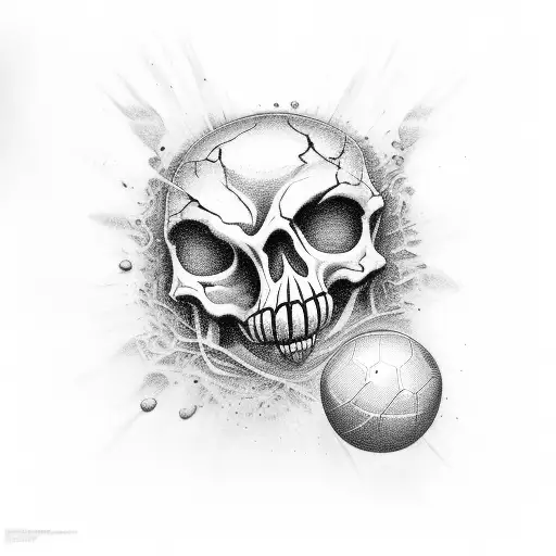 skeleton's fingers squeezes the ball hard, liquid flows out of ball, ball broken, bw tattoo design idea