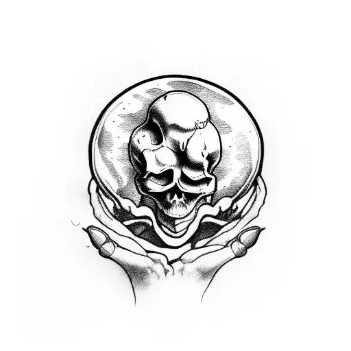 skeleton's fingers squeezes the ball hard, so that liquid flows out of it and everything is in threads, bw tattoo design idea