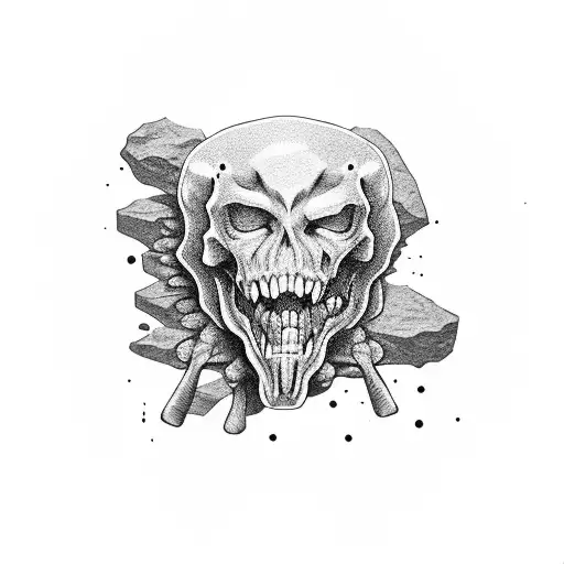 skeleton's fingers squeezes the shape rock hard, liquid flows out of rock bw tattoo design idea