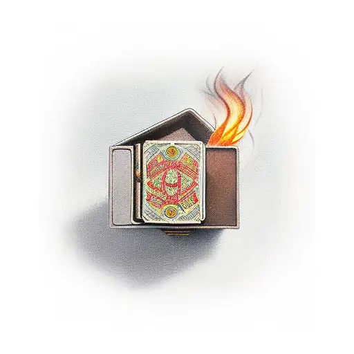 decorative matchbox half open showing remaining match heads, one match out of the box lit with a wisping smoke stream tattoo design idea