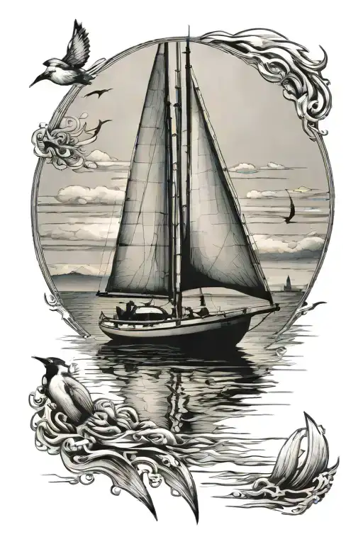 small sail yacht sailing on reflecting sea with two swallows around the mast tattoo design idea