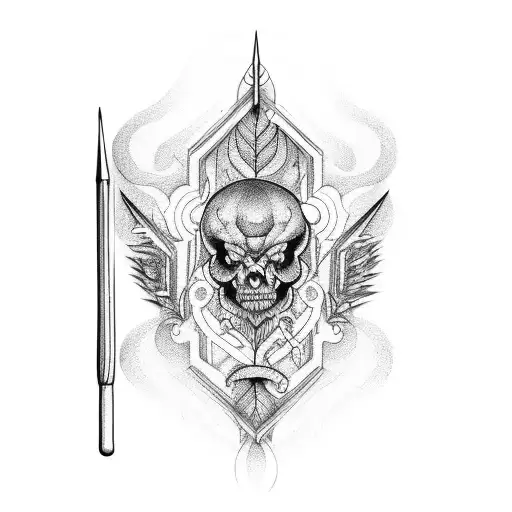 A tattoo design depicting a paintbrush and tattoo needle crossing each other tattoo design idea