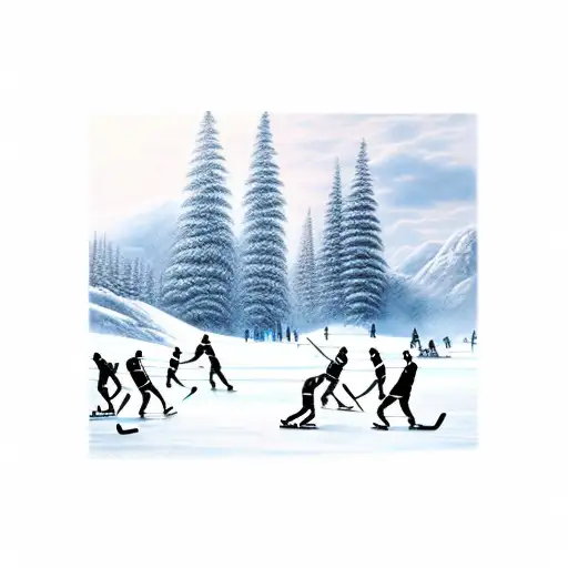 silhouette of people playing ice hockey on a frozen lake tattoo design idea