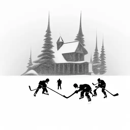 silhouette of people playing ice hockey on a frozen lake tattoo design idea