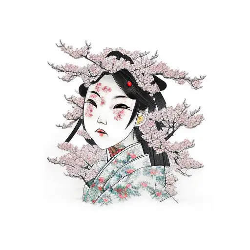 Japanese girl portrait with cherry blossoms and buildings background tattoo design idea