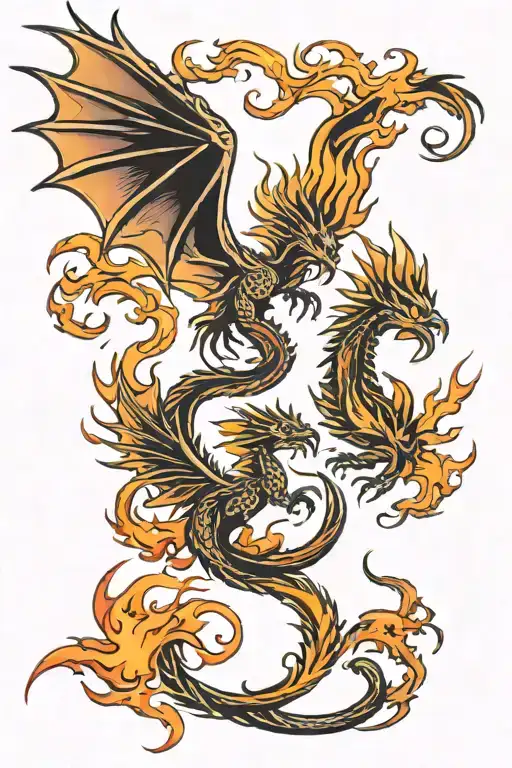 Dragon and Phoenix rising from flames tattoo design idea