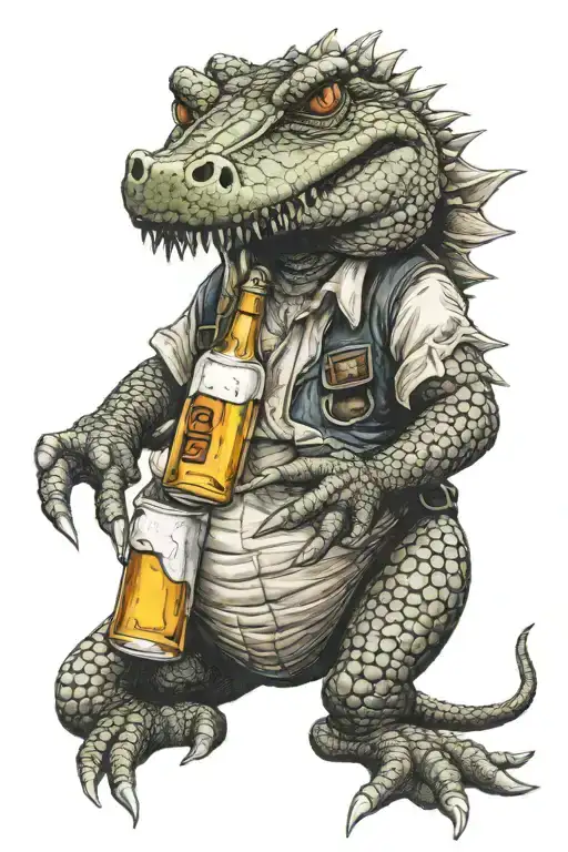 crocodile holding a bottle of beer tattoo design idea