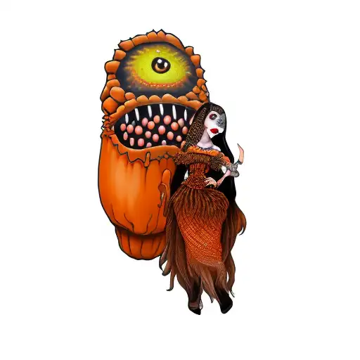 a girl dressed up as an orange monster tattoo design idea