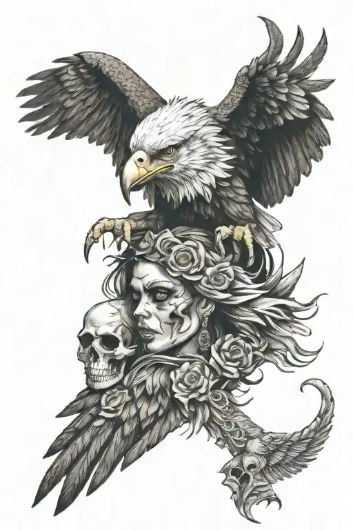 eagle, eye, skull, demon woman holding tattoo design idea