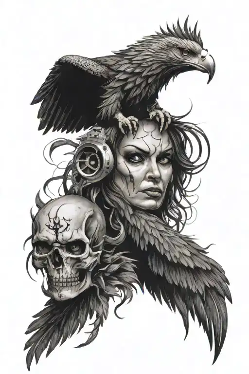 eagle, eye, skull, demon woman tattoo design idea