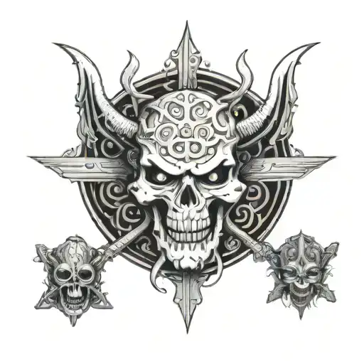 the word angel surrounded by an oni mask and three katanas tattoo design idea