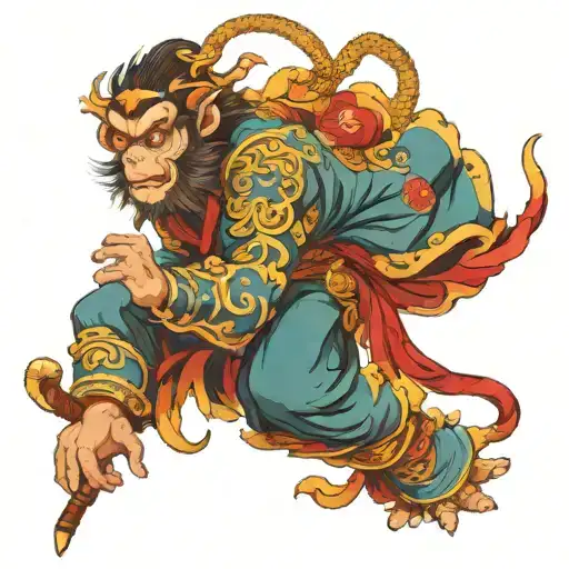 monkey king wrap by dragon and phonix moutain back ground   tattoo design idea