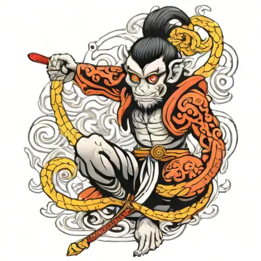 black and white line work monkey king wrap by dragon and phonix moutain back ground   tattoo design idea