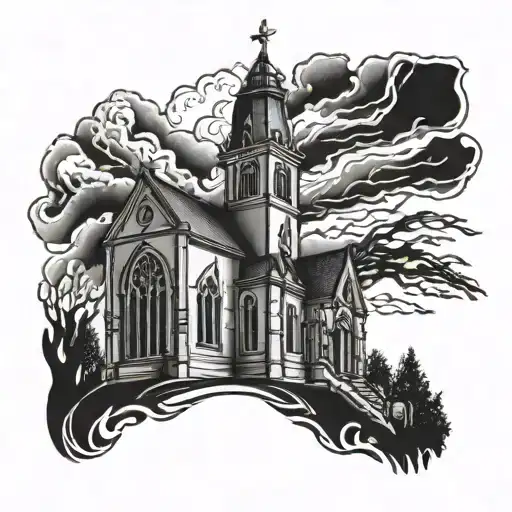 Church in fire tattoo design idea