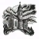 Church in fire tattoo design idea