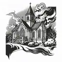 Church in fire tattoo design idea