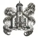 Church in fire tattoo design idea