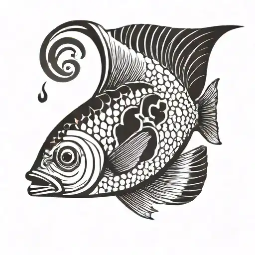 A sea bream fish, sideways, with cartoonish hands, raises with one hand a cylinder with the symbol of Turkey - a crescen tattoo design idea