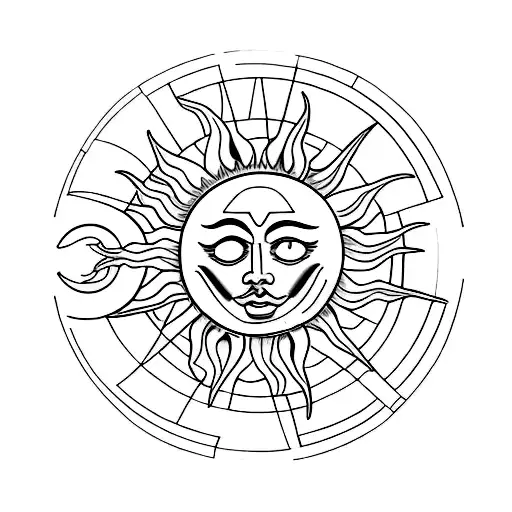 A minimalist tattoo of a sun and moon merging together, symbolizing the balance of light and darkness tattoo design idea