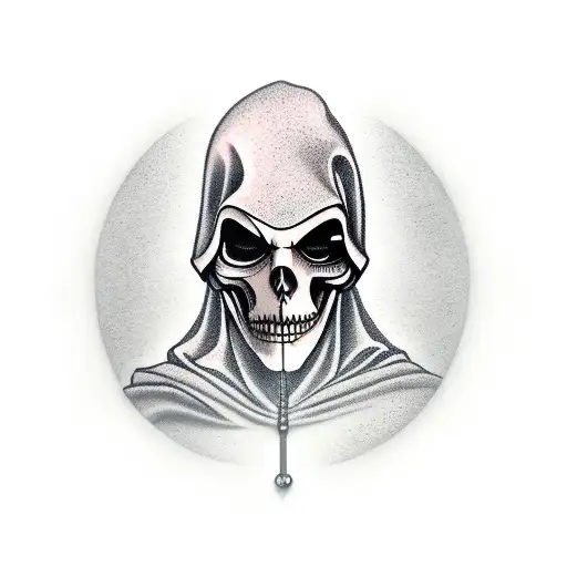 Grim Reaper taking off anonymous mask with dark background. forearm sleeve tattoo design idea