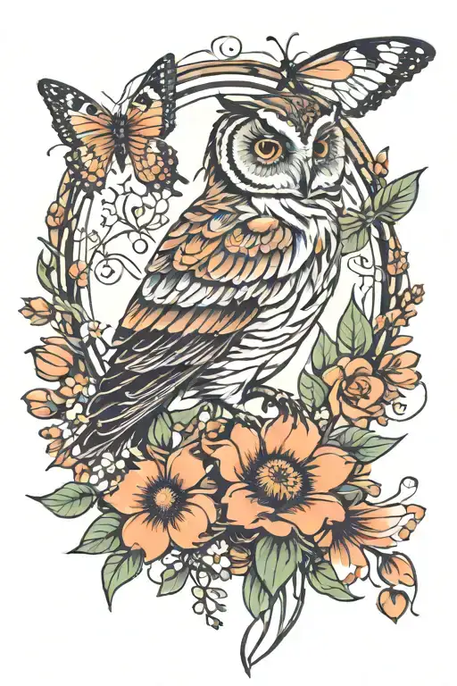wildflowers with butterflies and an owl perched tattoo design idea