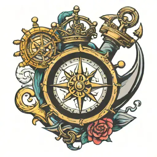 seaman tattoo, wheel sorrounded, compass, ocean, anchor tattoo design idea