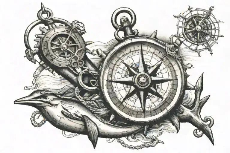 seaman tatton. wheel, compass, ocean, anchor, realistic tattoo design idea