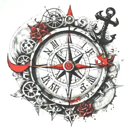 seaman tattoo, wheel sorrounded, compass, ocean, anchor tattoo design idea