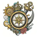 seaman tattoo, wheel sorrounded, compass, ocean, anchor tattoo design idea