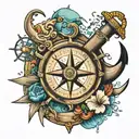 seaman tattoo, wheel sorrounded, compass, ocean, anchor tattoo design idea