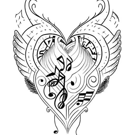 The design of a tattoo representing a real human heart stylized with angel wings surrounded by musical notes tattoo design idea